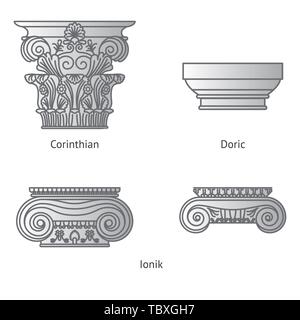Antike der Griechischen historischen Hauptstädte für Calon, Dorischen: ionische und korinthische Kapitelle Vektorlinie Abbildung Stock Vektor