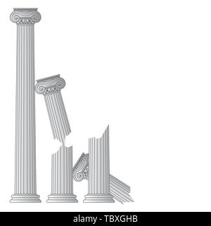 Antike griechische antike Säulen mit Kapitellen der ionischen Ordnung und mit Platz für Text Vector Illustration zerstört Stock Vektor