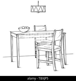 Teil des Speisesaals. Tisch und Stühle. Hand gezeichnete Skizze. Vector Illustration Stock Vektor