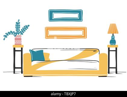 Einrichtung in skandinavischem Stil. Ein Teil der Zimmer. Hand gezeichnet Vector Illustration einer Skizze Stil. Stock Vektor