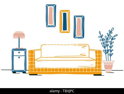 Einrichtung in skandinavischem Stil. Ein Teil der Zimmer. Hand gezeichnet Vector Illustration einer Skizze Stil. Stock Vektor