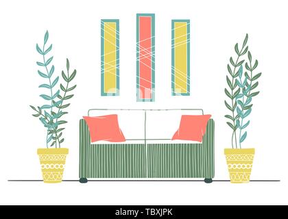 Ein Teil der Zimmer. Sofa, Pflanzen in Töpfen und ein Bild an der Wand. Hand gezeichnet Vector Illustration einer Skizze Stil. Stock Vektor