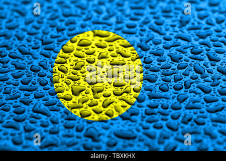 Nationalflagge von Palau aus Wassertropfen. Hintergrund Prognose Konzept. Stockfoto