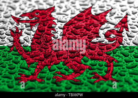 Die Flagge von Wales aus Wassertropfen. Hintergrund Prognose Konzept. Stockfoto