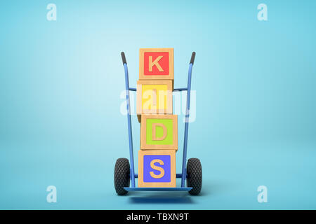 3D-Rendering von bunten Alphabet toy Blocks mit "PLAY" Zeichen auf einen Hubwagen auf blauem Hintergrund Stockfoto