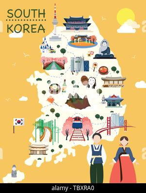 Karte von Korea Sehenswürdigkeiten Vektor und Illustration. Stock Vektor