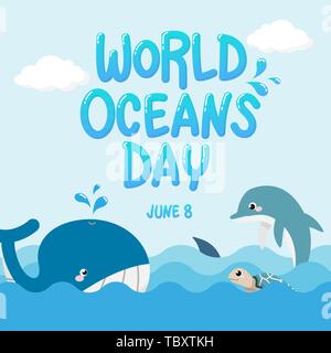 Wale, Delfine, Haie und Schildkröten im Meer mit Text Welttag der Ozeane. Vektor der Unterwasserwelt für die Feier engagierten schützen, und Gestalteri Stock Vektor