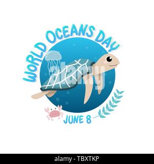 Der Vektor der Logo für World Ocean day mit Schildkröten im Meer schwimmen mit Quallen und Krebse im Kreis. World Ocean Day am 8. Juni für Feier eingeweiht Stock Vektor