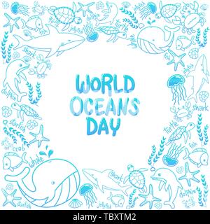 Welttag der Ozeane. Überblick Vektor der marine Leben im Ozean mit Doodle Stil für die Feier engagierten schützen, und die Erhaltung der Weltmeere, w Stock Vektor