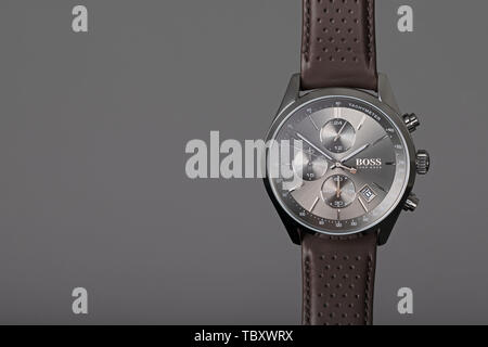 Hugo Boss designer Watch fotografiert mit einem grauen Hintergrund. Stockfoto