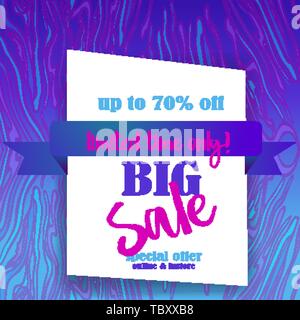 Big Verkauf flayer Vorlage für Web und Print mit neon Wellen Marmor Muster in Violett Blau Farben. Kreative vektor design, elegante Konzept Stock Vektor