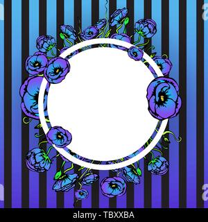 Mohnblumen Blumenschmuck auf Kreis Etikett, flayer Vorlage für Web und Print mit gestreiften schwarz und violett blau hintergrund Stock Vektor