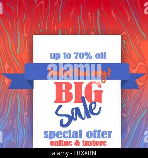 Big Verkauf flayer Vorlage für Web und Print mit neon Wellen Marmor Muster Hintergrund in neon blau und orange Farben. Kreative vektor design, elegante c Stock Vektor