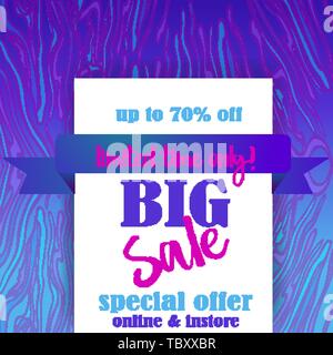 Big Verkauf flayer Vorlage für Web und Print mit neon Wellen Marmor Muster in Violett Blau Farben. Kreative vektor design, elegante Konzept Stock Vektor