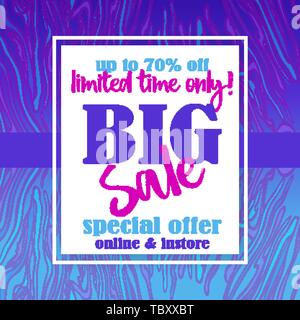 Big Verkauf flayer Vorlage für Web und Print mit neon Wellen Marmor Muster in Violett Blau Farben. Kreative vektor design, elegante Konzept Stock Vektor