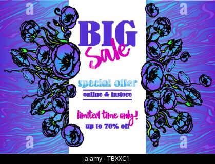 Big Verkauf flayer Vorlage für Web und Print mit neon Wellen Marmor Muster in Violett Blau Farben. Kreative vektor design, elegant mit Mohn Stock Vektor