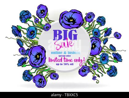 Big Verkauf flayer Vorlage für Web und Print, auf weißem Hintergrund mit Violett Blau floralen Bouquet. Kreative vektor design, elegant mit Mohn Blumen c Stock Vektor