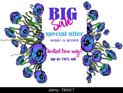 Big Verkauf flayer Vorlage für Web und Print, auf weißem Hintergrund mit Violett Blau floralen Bouquet. Kreative vektor design, elegant mit Mohn Blumen c Stock Vektor
