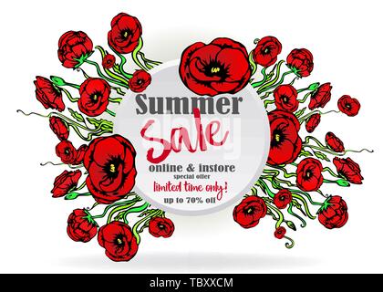 Big Verkauf Kreis flayer Vorlage für Web und Print, weisser Hintergrund mit roten und floralen Bouquet. Kreative vektor design, elegant mit Mohn Blumen c Stock Vektor