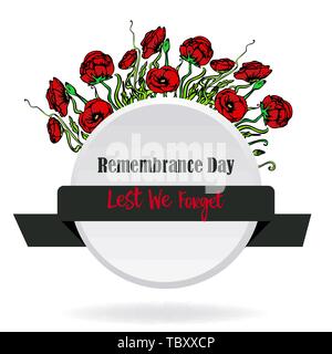 Tag der Erinnerung Karte mit roter Mohn, damit wir es nicht vergessen, Memorial Day template Design mit Hand zeichnen Blumen Stock Vektor