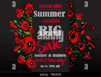 Big Verkauf flayer Vorlage für Web und Print, schwarzer Hintergrund mit roten floralen Bouquet. Kreative vektor design, elegant mit Mohn Blumen Konzept Stock Vektor