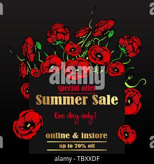 Big Verkauf flayer Vorlage für Web und Print, schwarzer Hintergrund mit roten floralen Bouquet. Kreative vektor design, elegant mit Mohn Blumen Konzept Stock Vektor
