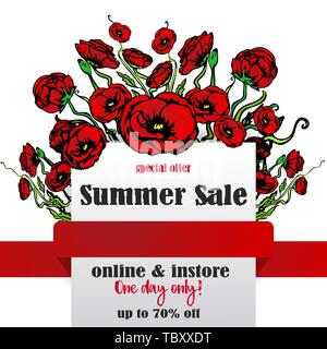 Big Verkauf Seite Vorlage für Web und Print, weisser Hintergrund und rotes Band mit roten und floralen Bouquet. Kreative vektor design, elegant mit Mohn fl Stock Vektor