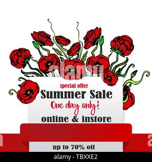 Big Verkauf Seite Vorlage für Web und Print, weisser Hintergrund und rotes Band mit roten und floralen Bouquet. Kreative vektor design, elegant mit Mohn fl Stock Vektor