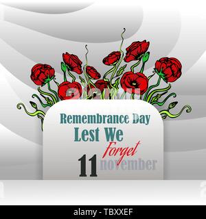 Tag der Erinnerung Karte mit roter Mohn, damit wir es nicht vergessen, Memorial Day template Design mit Hand zeichnen Blumen Stock Vektor
