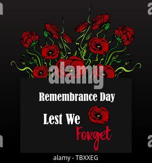 Tag der Erinnerung Karte mit roter Mohn, damit wir es nicht vergessen, Memorial Day template Design mit Hand zeichnen Blumen Stock Vektor