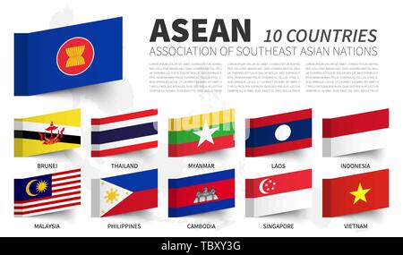 ASEAN. Verband der Südostasiatischen Nationen. und Mitgliedschaft Fahnen. Haftnotiz Design. Vektor Stock Vektor