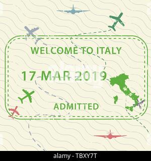 International Travel Visum Reisepass Stempel Symbol für die Einreise nach Italien Stock Vektor