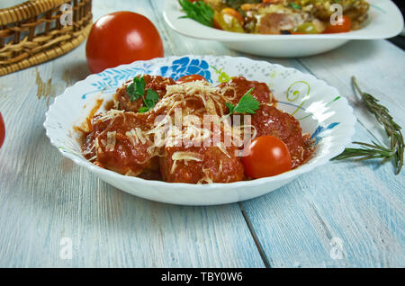 Hirshon Italo-amerikaner Frikadellen Küche, Traditionelle verschiedene Gerichte, Ansicht von oben. Stockfoto