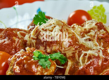 Hirshon Italo-amerikaner Frikadellen Küche, Traditionelle verschiedene Gerichte, Ansicht von oben. Stockfoto