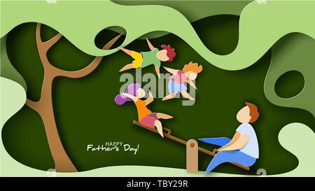 Vater mit Kindern schwingen auf Swing Kids fliegen hoch. Happy Vatertag Karte. Papier schneiden Stil. Vector Illustration Stock Vektor