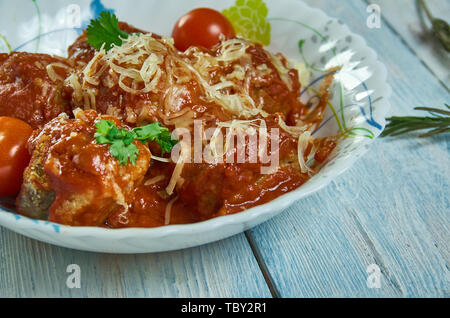 Hirshon Italo-amerikaner Frikadellen Küche, Traditionelle verschiedene Gerichte, Ansicht von oben. Stockfoto