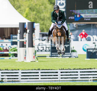 In Langley, British Columbia, KÖNNEN. 2. Juni 2019. JORDAN COYLE (IRL) Fahrten ERISTOV in der longines FEI Jumping Nationen CupÂª von Kanada für Thunderbird Show Park am 2. Juni 2019 in Langley BC Kanada. Credit: Cara Grimshaw/ZUMA Draht/Alamy leben Nachrichten Stockfoto