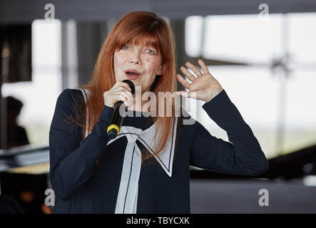 Hamburg, Deutschland. 04 Juni, 2019. Katja Ebstein, Sänger, ist auf der Bühne des Damen Mittagessen für Schlaganfall - betroffene Kinder im Le Meridien Hamburg. Quelle: Georg Wendt/dpa/Alamy leben Nachrichten Stockfoto