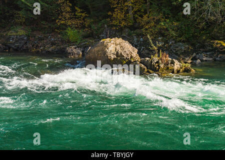 Das türkisfarbene Wasser der Skagit River absteigend mit Kraft Stockfoto