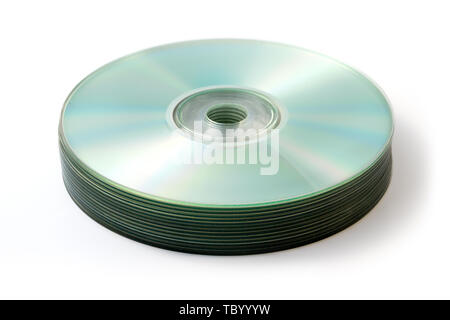 CD-, DVD-Rohlinge auf weißem Hintergrund Stapel Stockfoto