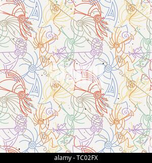 Hand Kokopelli nahtlose Muster gezeichnet. Stilisierte mythische Zeichen Flöten zu spielen. Vektorgrafiken für Drucke. Design, Karten, Kinder- und Malbücher, Stock Vektor