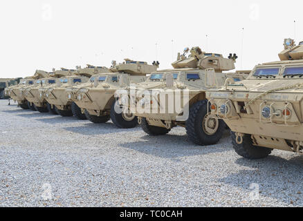 Gepanzerte Fahrzeuge der Sicherheit der 113 Military Police Company, Mississippi Army National Guard, inszeniert vor einem Training übung Mai 31, 2019 am Lager McCain, Mississippi. Die Fahrzeuge werden für leidenschaftliche Sentry 2019, North American Aerospace Defense Command und US Northern Command Übung auf Verteidigung Unterstützung der zivilen Behörden während eines simulierten New Madrid seismischen Zone 7.7 Erdbeben konzentriert. (Mississippi Army National Guard Foto von PFC-Austin Eldridge) Stockfoto