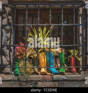 Töpfe in Wasser Boots in verschiedenen Farben, in einem Schiefer Fenster Stockfoto