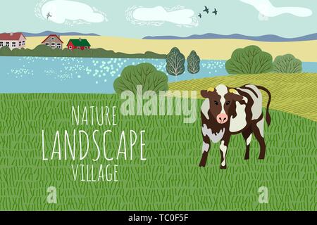 Freehand ein Sommertag im Dorf. Cute flachbild Vector Illustration einer ländlichen Landschaft mit Kuh, Bäume, See und Gras. Stock Vektor