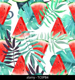 Wassermelone mit tropischen Blättern. Nahtlose Muster Stockfoto