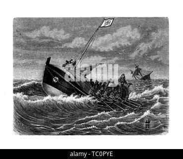 Rettungsboot an der Gnade der Sturm mit Menschen Rudern für ihr Leben und das Schiff versinkt am Horizont Stockfoto