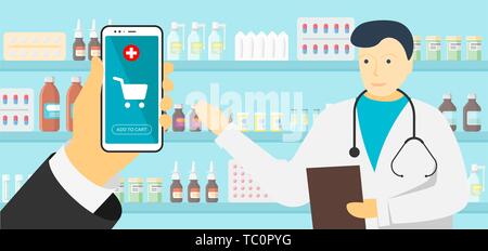 Online Apotheke mobile App. Hand, Smartphone und Apotheker Arzt mit Stethoskop und Medizin Pillen Kapseln Flaschen Vitamine und Tabletten auf Stock Vektor