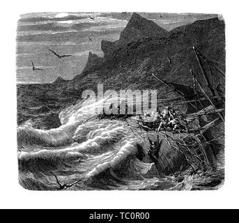 Gestrandete Schiff an der Gnade eines bösen Sturm, mit Wellen zerschlagen, den Trümmern und Menschen in Lebensgefahr Stockfoto