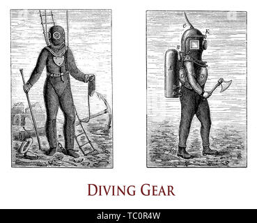 Vintage Abbildung Beschreibung der Tauchausrüstung bequem unter Wasser zu arbeiten Stockfoto
