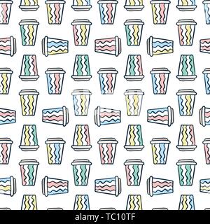Kaffee Tasse Muster. Vektor nahtlose Muster mit verschiedenen Einweg Tassen Kaffee zu gehen. Hand gezeichnet doodle Hintergrund. Stock Vektor